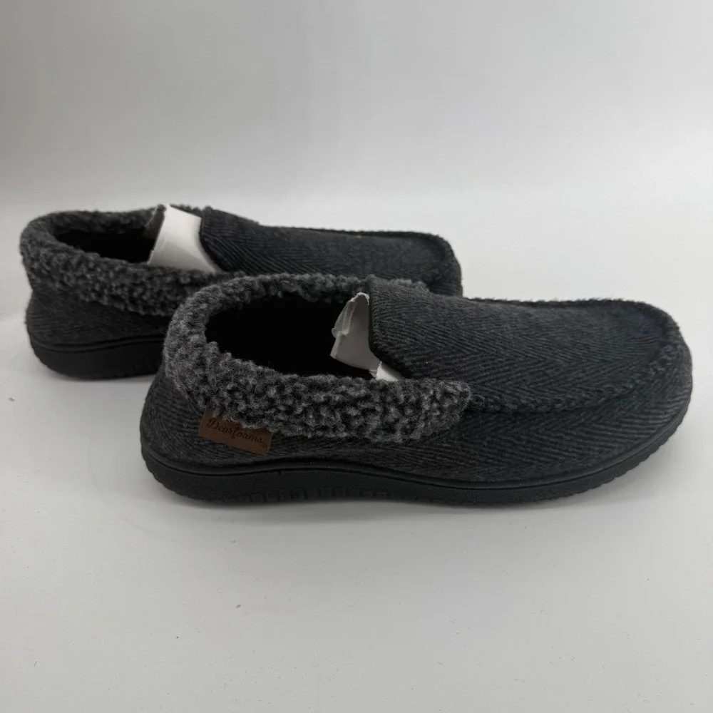 Dearfoams Mens Memory Foam Moccasin Slippers Grey Herringbone Size M 9-10